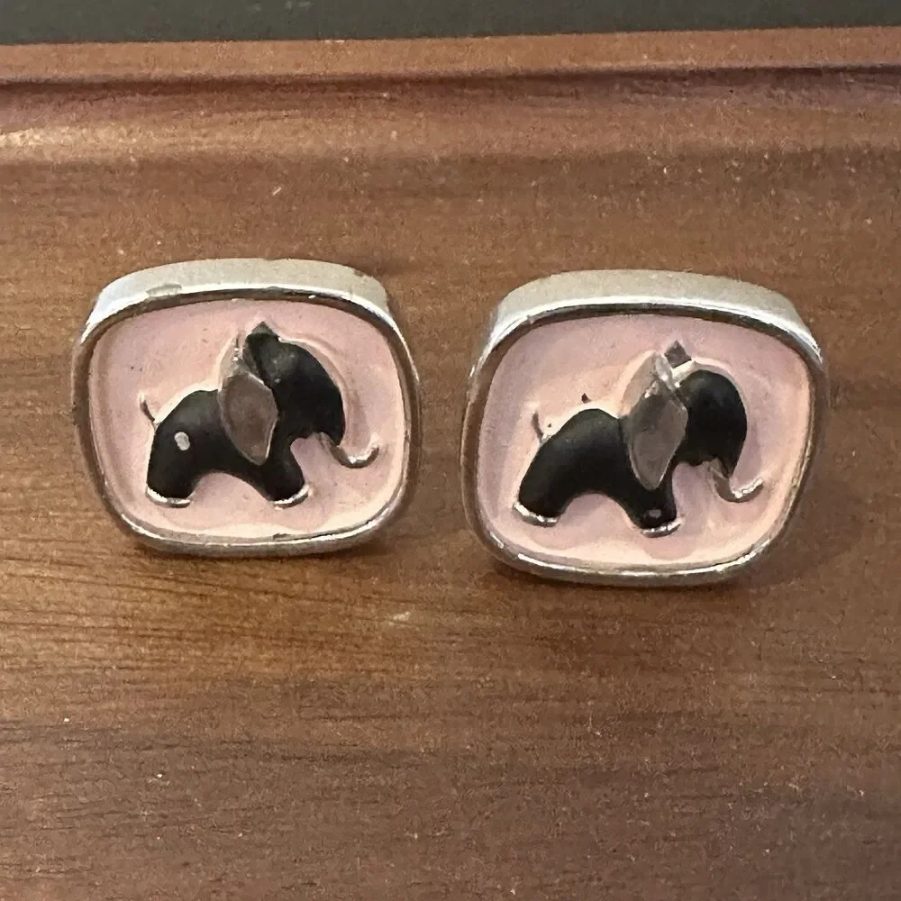 Vintage Hickok Silver Tone Black Elephant Pink Enamel Cuff links MCM‎ USA